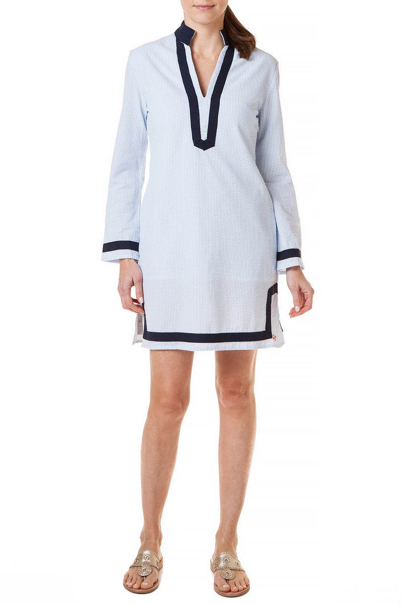 Tunic Dress Blue Seersucker with Navy Trim